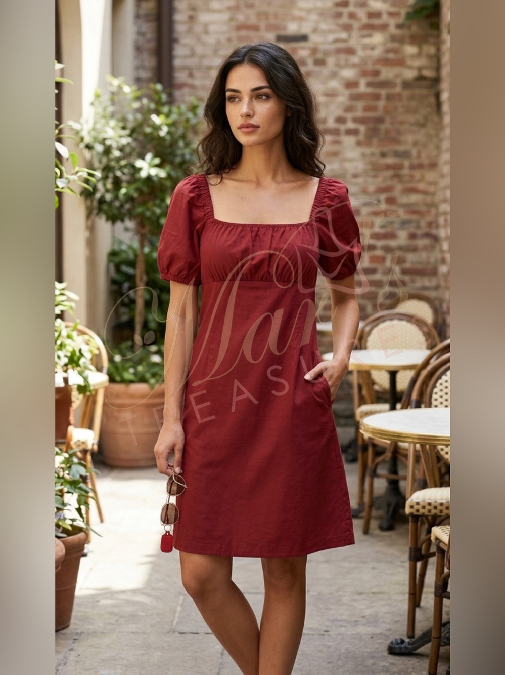 NWT Grae Cove Red Linen Cotton Square Neck Puff Sleeve Dress L